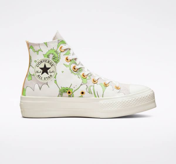 Converse Chuck Taylor All Star Lift Platform Crafted Florals High Tops Shoes Brown / Light Green | CV-398BAQ