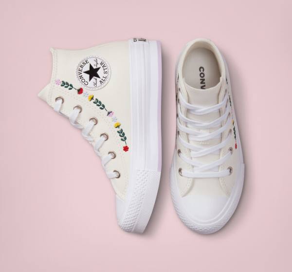 Converse Chuck Taylor All Star Lift Platform Floral Embroidery High Tops Shoes White / White | CV-804UFH