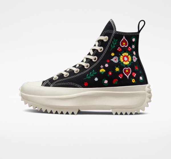 Converse Run Star Hike Platform Floral Embroidery High Tops Shoes Black | CV-791DZN